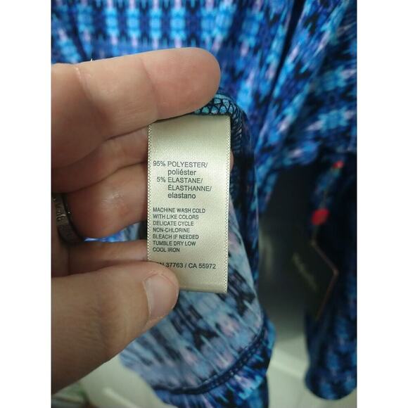 Rafaella Woman 3X Blouse Blue Aztec Western Argyle Wide 3/4 Sleeve Front Tie - Picture 7 of 9